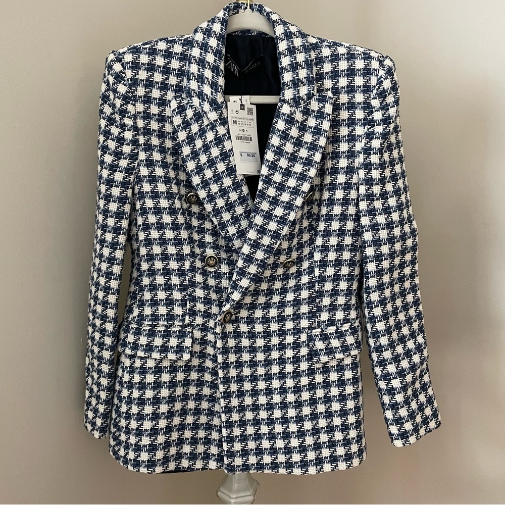 Zara Blue and White Checkered Blazer